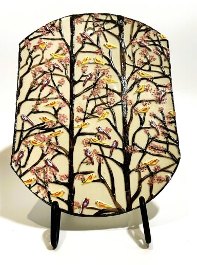 White clay base. Textured hand painted. Clear glaze cover. H-8.5in x 6 1/8in.