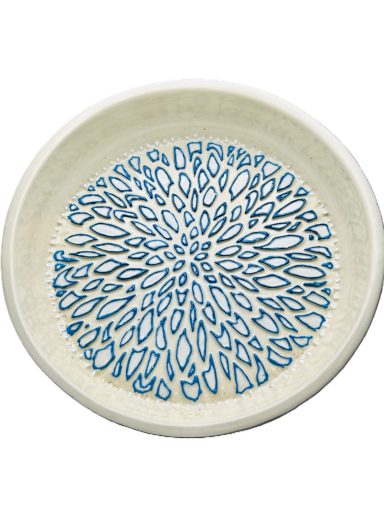 White clay body. Wheel and slab built. Jungle Gems external glaze. Internal hand painted textured base. Measurements: H-2in x Diameter-11in.