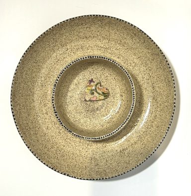 Speckled clay base chip-n-dip snack bowl. Hand painted polka dot details and heart applique. Clear glaze coating.  H-2in x Diameter-9in.