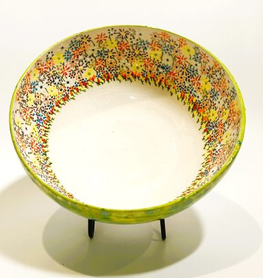 White clay body. Large bowl. Hand painted interior with clear glaze coat. Jungle Gems external glaze. H-3 5/8in x Diameter-8 5/8in.
