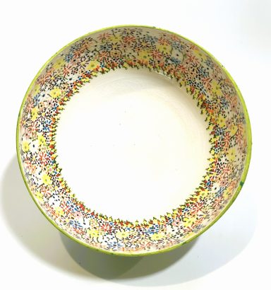 White clay body. Large bowl. Hand painted interior with clear glaze coat. Jungle Gems external glaze. H-3 5/8in x Diameter-8 5/8in.