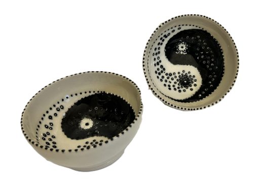 White clay base. Hand painted Yin yang design. Clear glaze cover. Measurements: H-2in x Diameter-4.5in.