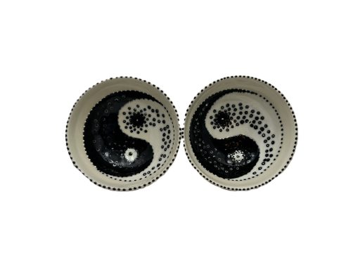 White clay base. Hand painted Yin yang design. Clear glaze cover. Measurements: H-2in x Diameter-4.5in.
